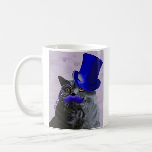 Graue Katze mit Blue Top Hat und Mustache Kaffeetasse (Links)