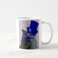 Graue Katze mit Blue Top Hat und Mustache