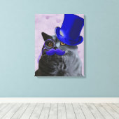 Graue Katze mit Blue Top Hat und Mustache Leinwanddruck (Insitu (Holzboden))
