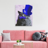 Graue Katze mit Blue Top Hat und Mustache Leinwanddruck (Insitu (Wohnzimmer))