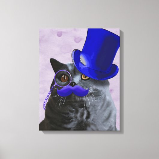 Graue Katze mit Blue Top Hat und Mustache Leinwanddruck (Vorderseite)