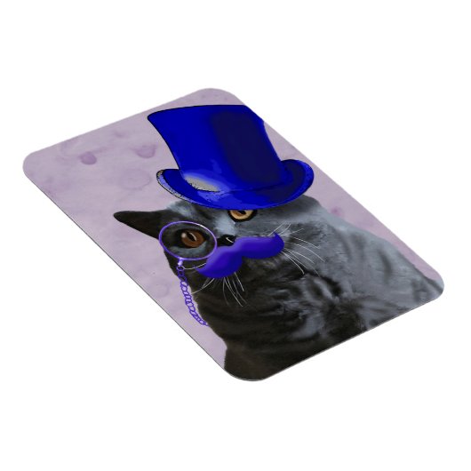 Graue Katze mit Blue Top Hat und Mustache Magnet (Rechte Seite)