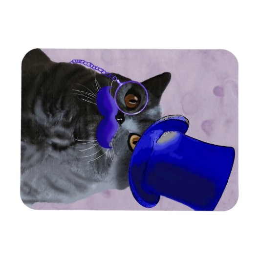 Graue Katze mit Blue Top Hat und Mustache Magnet (Horizontal)