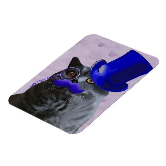 Graue Katze mit Blue Top Hat und Mustache Magnet (Linke Seite)