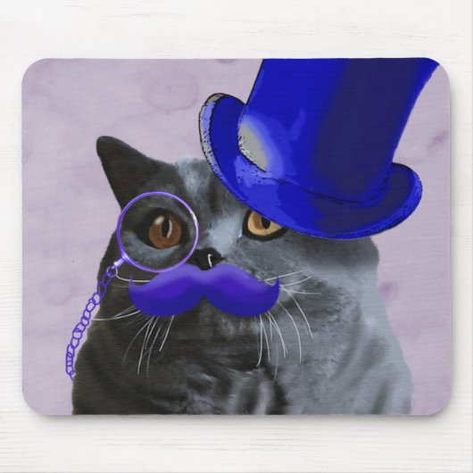 Graue Katze mit Blue Top Hat und Mustache Mousepad (Vorne)