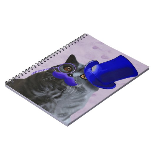 Graue Katze mit Blue Top Hat und Mustache Notizblock (Linke Seite)