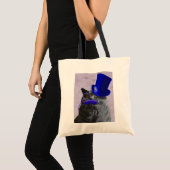 Graue Katze mit Blue Top Hat und Mustache Tragetasche (Vorderseite (Produkt))
