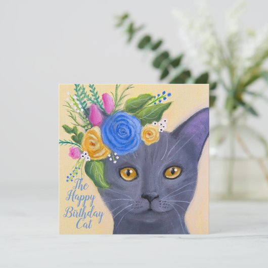 Graue Katze mit Blume Whimsikkunst (Stehend Vorderseite)