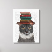 Graue Katze mit Büchern auf Kopf Leinwanddruck (Vorderseite)