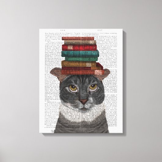 Graue Katze mit Büchern auf Kopf Leinwanddruck (Vorderseite)