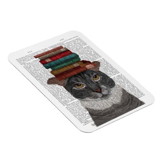 Graue Katze mit Büchern auf Kopf Magnet (Rechte Seite)