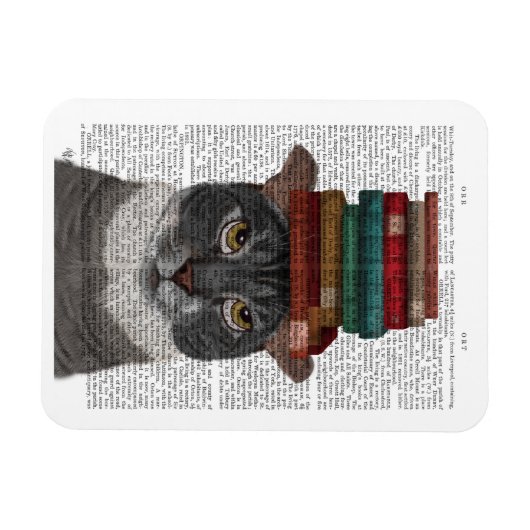Graue Katze mit Büchern auf Kopf Magnet (Horizontal)