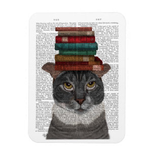 Graue Katze mit Büchern auf Kopf Magnet