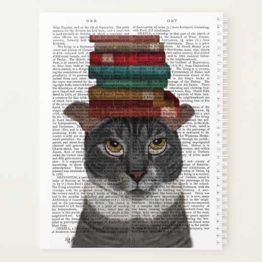 Graue Katze mit Büchern auf Kopf Planer (Rückseite)