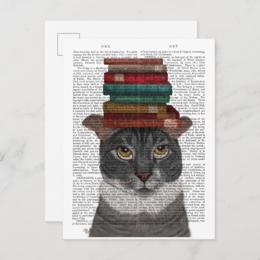 Graue Katze mit Büchern auf Kopf Postkarte (Vorne/Hinten)