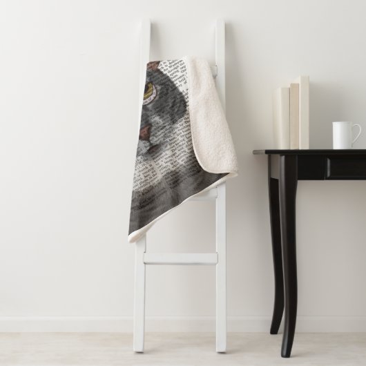 Graue Katze mit Büchern auf Kopf Sherpadecke (Beispiel)