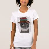 Graue Katze mit Büchern auf Kopf T-Shirt (Vorderseite)