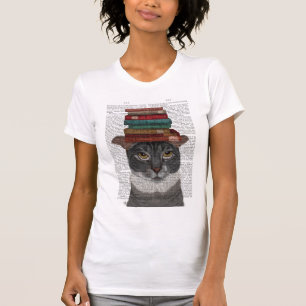 Graue Katze mit Büchern auf Kopf T-Shirt