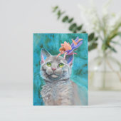 Graue Katze mit Fairy Postkarte (Stehend Vorderseite)