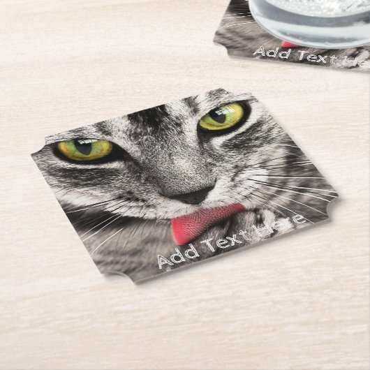 Graue Katze mit gelben Augen leckende Paste Untersetzer (angewinkelt)