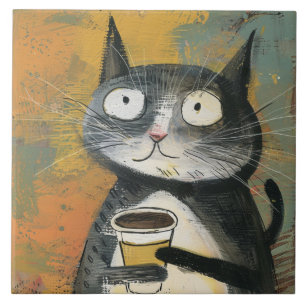 Graue Katze mit Kaffee auf Ocker Fliese