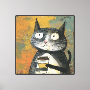 Graue Katze mit Kaffee auf Ocker Leinwanddruck
