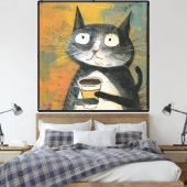 Graue Katze mit Kaffee auf Ocker Leinwanddruck (Insitu (Schlafzimmer))