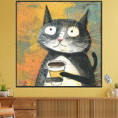 Graue Katze mit Kaffee auf Ocker Leinwanddruck (Insitu (Wohnzimmer))