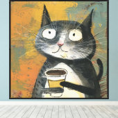 Graue Katze mit Kaffee auf Ocker Leinwanddruck (Insitu (Holzboden))