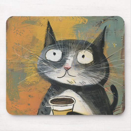 Graue Katze mit Kaffee auf Ocker Mousepad (Vorne)