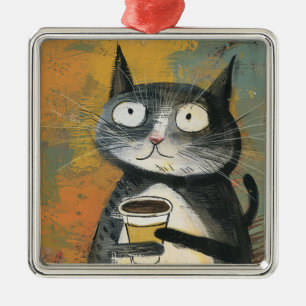 Graue Katze mit Kaffee auf Ocker Ornament Aus Metall