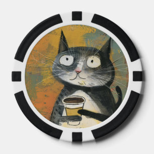 Graue Katze mit Kaffee auf Ocker Pokerchips