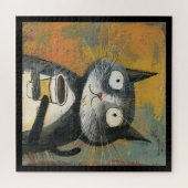 Graue Katze mit Kaffee auf Ocker Puzzle (Horizontal)