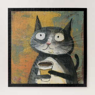 Graue Katze mit Kaffee auf Ocker Puzzle