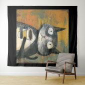 Graue Katze mit Kaffee auf Ocker Wandteppich (Beispiel (Horizontal))