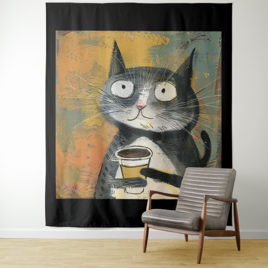 Graue Katze mit Kaffee auf Ocker Wandteppich (Beispiel)