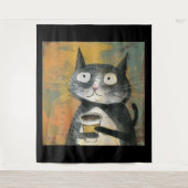 Graue Katze mit Kaffee auf Ocker Wandteppich (Vorderseite)