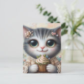 Graue Katze mit Kuchen Postkarte (Stehend Vorderseite)