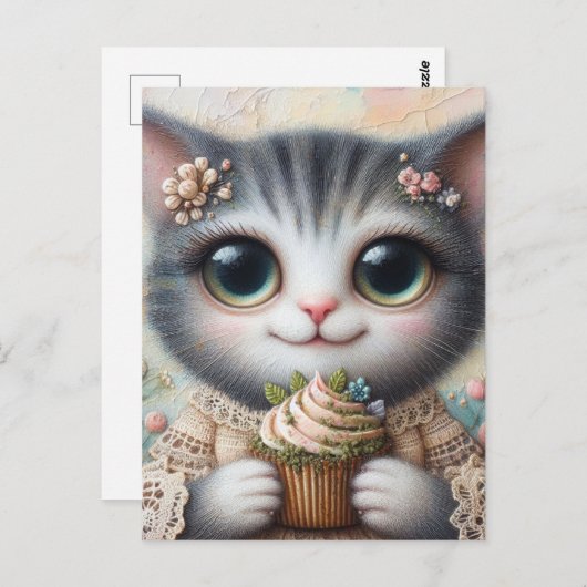 Graue Katze mit Kuchen Postkarte (Vorne/Hinten)