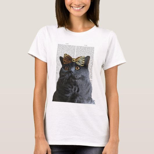 Graue Katze mit Leopard Bow T-Shirt (Vorderseite)