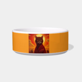 Graue Katze mit modischer Robe in einer Sonnenunte Napf