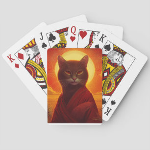Graue Katze mit modischer Robe in einer Sonnenunte Spielkarten