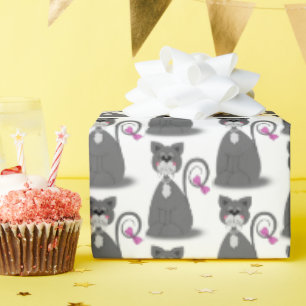 graue Katze mit rosa Schleife Geschenkpapier