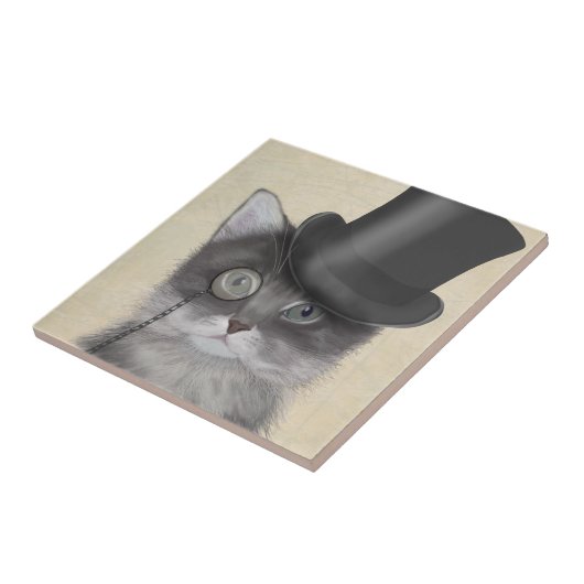 Graue Katze mit Top Hat Fliese (Seite)