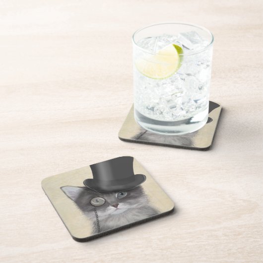 Graue Katze mit Top Hat Getränkeuntersetzer (Rechte Seite)