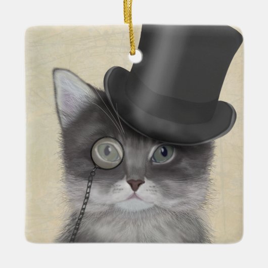 Graue Katze mit Top Hat Keramikornament (Vorderseite)