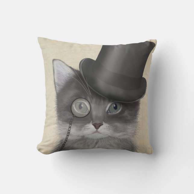 Graue Katze mit Top Hat Kissen (Vorderseite)