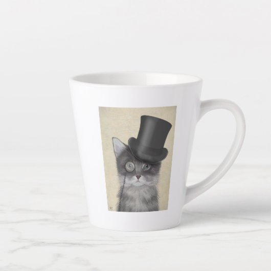 Graue Katze mit Top Hat Milchtasse (Rechts)