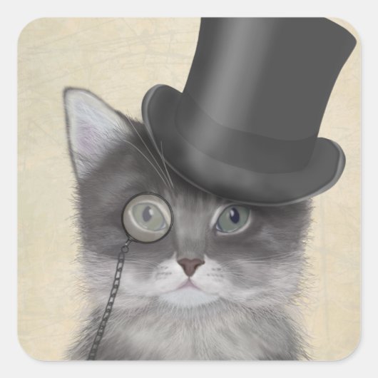 Graue Katze mit Top Hat Quadratischer Aufkleber (Vorderseite)