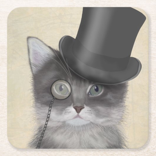 Graue Katze mit Top Hat Rechteckiger Pappuntersetzer (Vorderseite)